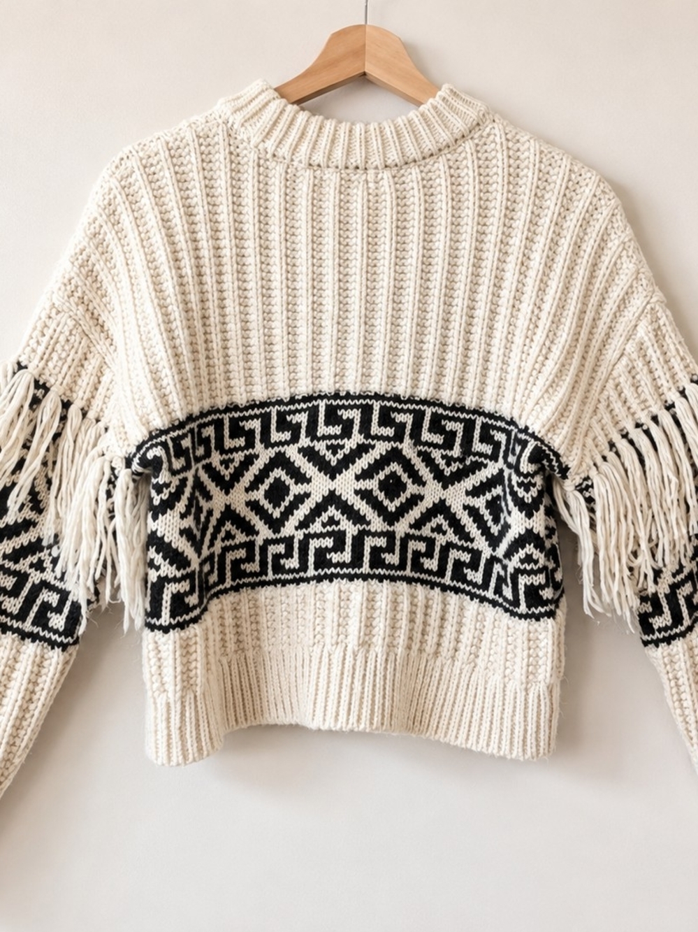 H&M Cream and Black Geometric Fringe Knit Sweater